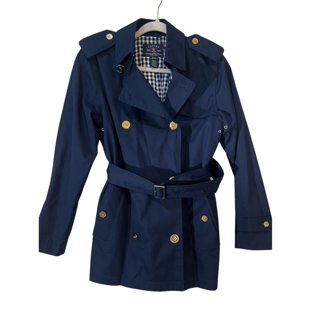 Lauren Ralph Lauren Navy Blue Double Breasted Belted Trench Coat Gold Buttons SP